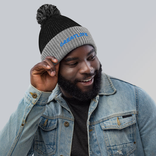 NEW BLACK AND BLUE GREATLIFE Pom-Pom Beanie (grey features)